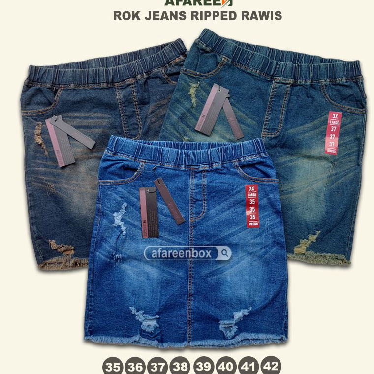 TREND TERBARU AFAREEN - Rok Pendek Jeans Wanita Ripped Rawis / Rumbai Pinggang Karet Melar/ Stretch 