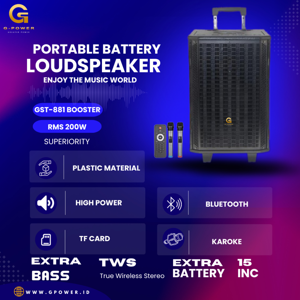G-Power Speaker Portable Bluetooth GST-1501 BOOSTER Free 2 Microphone Wireless Garansi Resmi