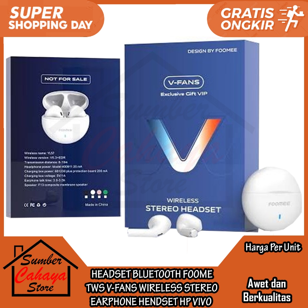 Headset Bluetooth Foome Tws V-Fans Wireless Stereo Earphone Hendset Vivo Hedset Handphone Blutooth  