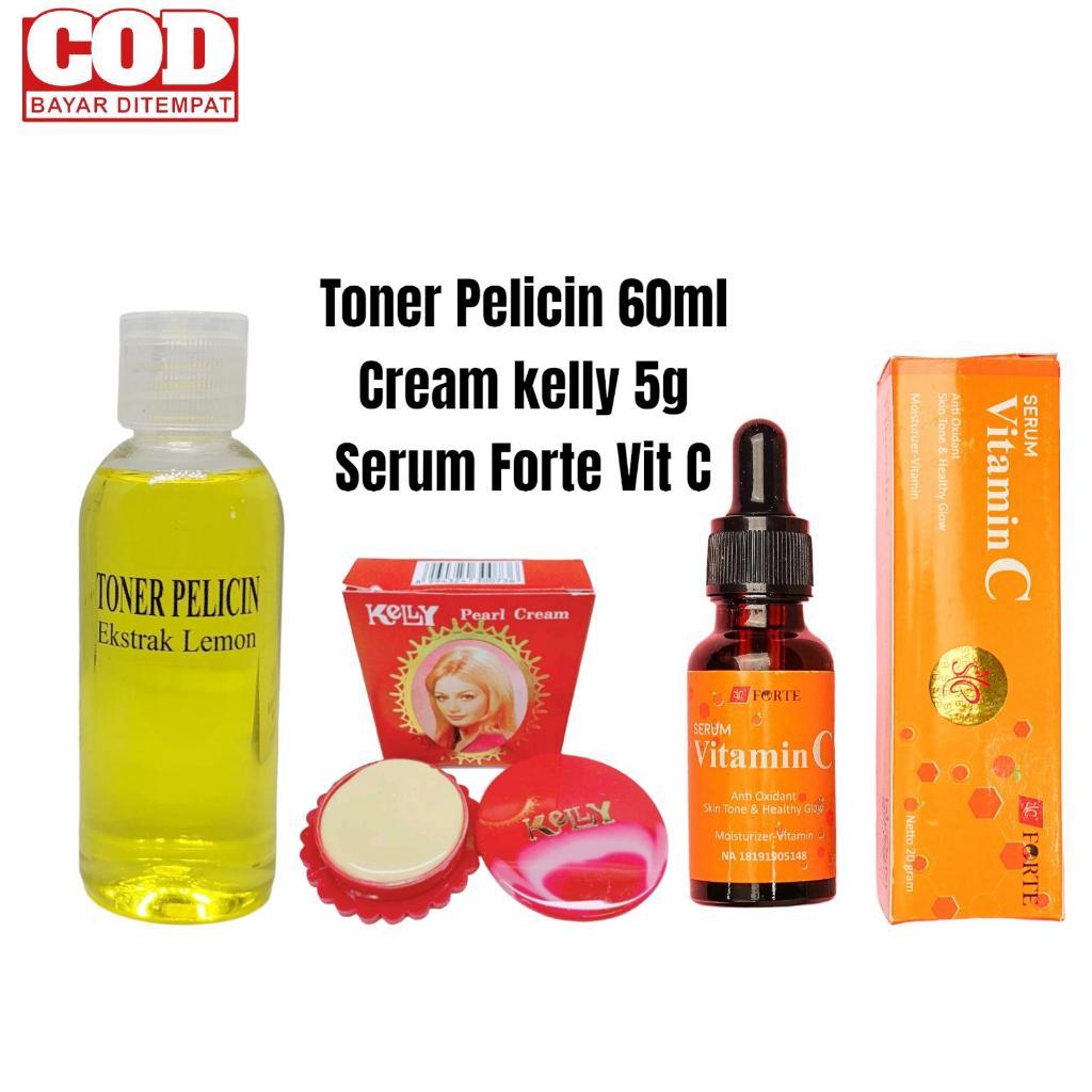 Paket Skincare 3in1 Toner Pelicin Ekstrak Lemon 60ml Cream Kelly 5g Plus Serum Forte Vit C