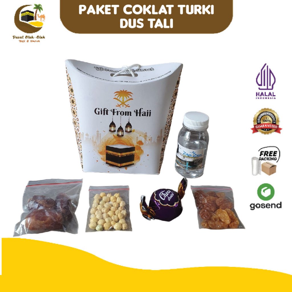 

paket oleh oleh umroh dus tali + air zamzam+botol 80ml + kurma khalas + kacang arab + coklat turki