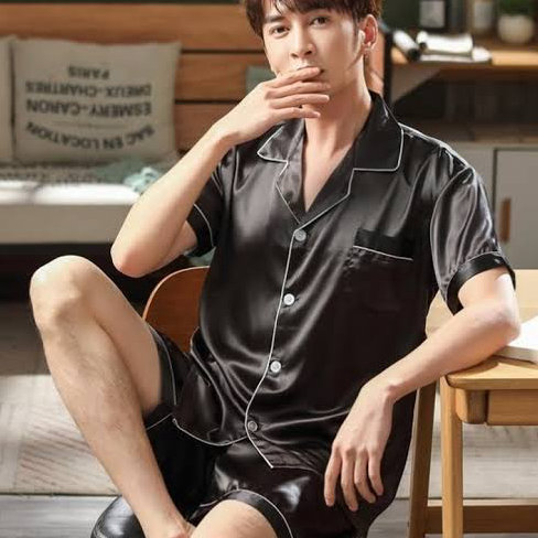 Promo baju tidur satin pria celana pendek set piyama cowok lengan setelan LD 110 120 Jumbo lakiLaki 