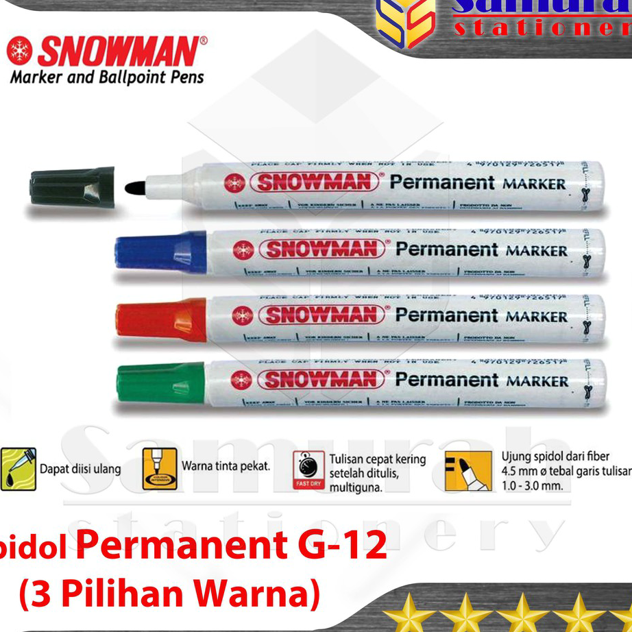 

Diskon Promo Spidol Permanent Snowman Marker G-12 Pcs / G12 Permanen Besar G 12 Hitam Biru Merah Hijau