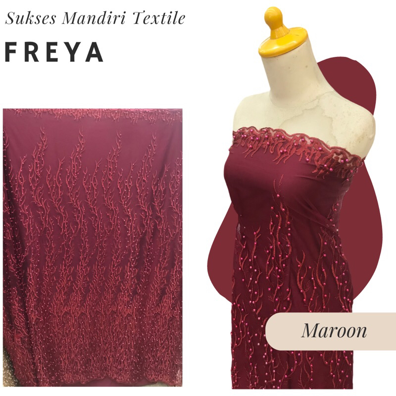 [FREYA] Kain Tulle Tile Brokat Ulir Cantik Mewah Warna Maroon | Harga ½ meter = 50 cm (Bahan Dress B