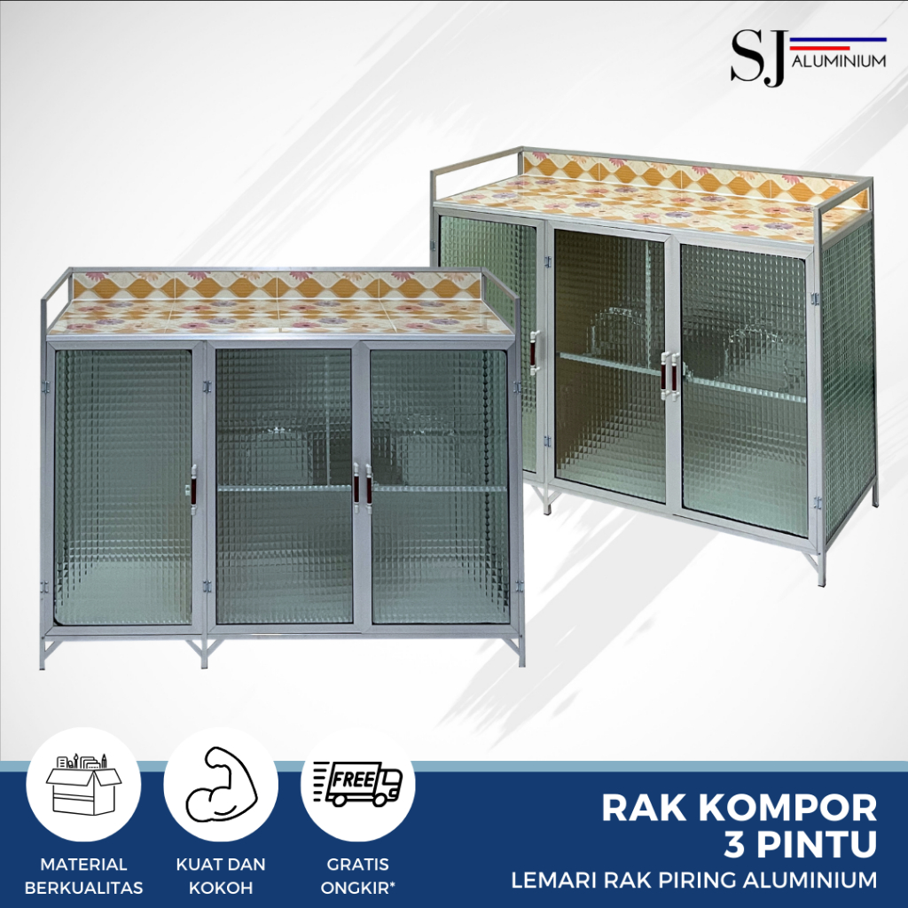 SJA - Rak Piring / Lemari Piring / Rak Dapur Kaca Aluminium - Kompor 3 Pintu