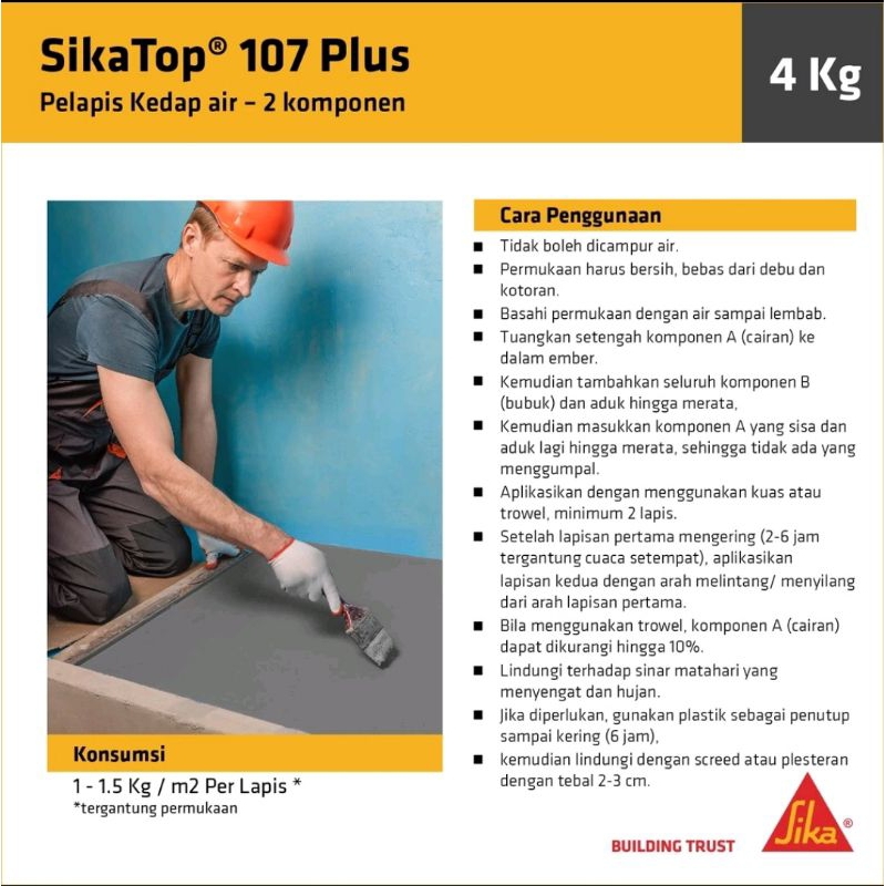 Sika top 107 plus komponen AB pelapis anti bocor kedap air dan beton kamar kemasan 1 sak 20 kg
