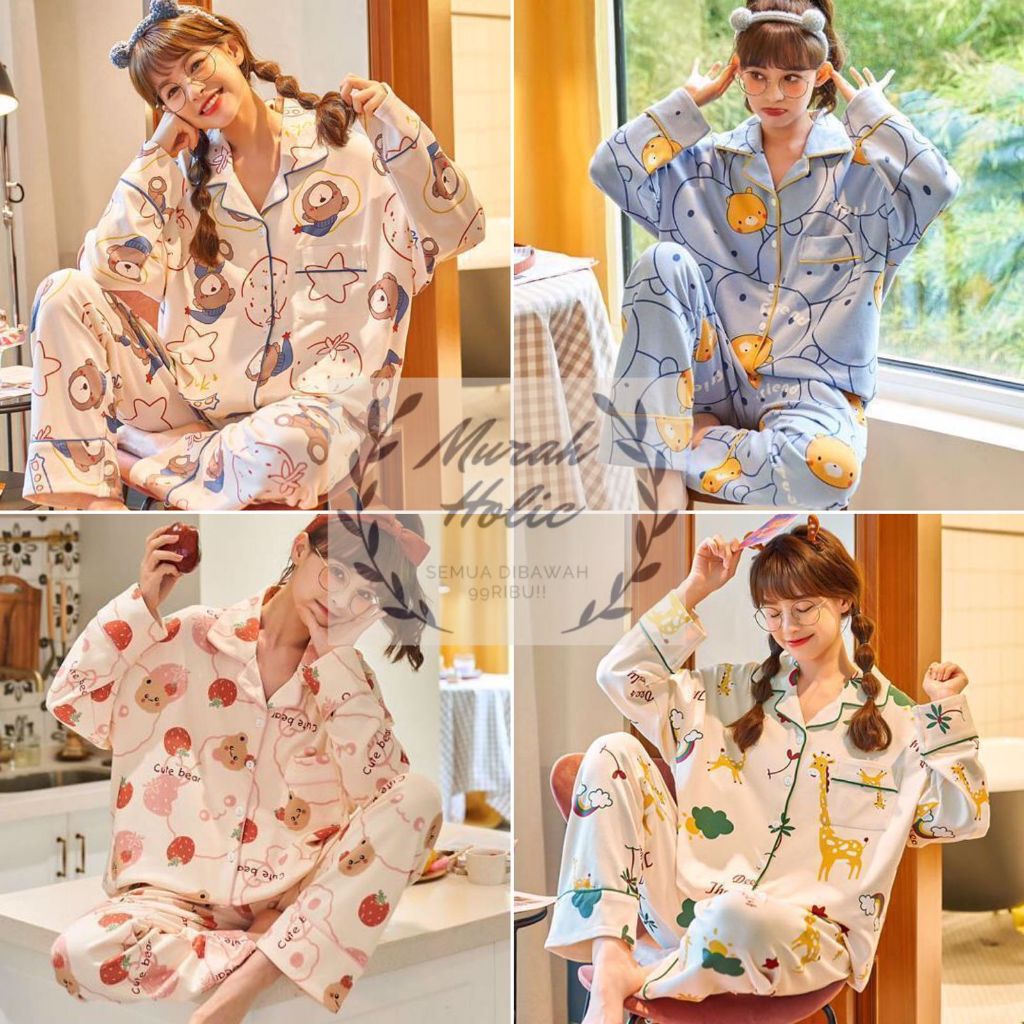 MURHOL Piyama Set Kerah Baju Tidur Kancing Lengan Panjang Celana Panjang Setelan Wanita Remaja Rumah