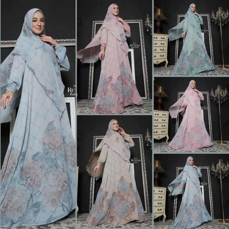 Set Gamis Dress Ceruty Babydoll Printing Premium Syari Branded Pink - Biru Muda - Baby Blue - Coklat