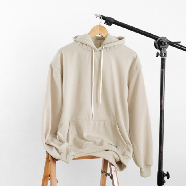 Jaket Hoodie Pria Polos Cream Beige Hitam
