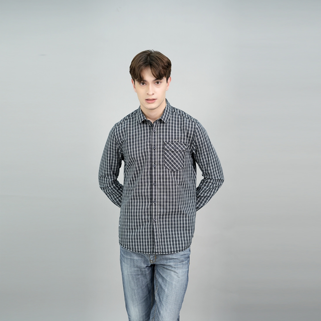 LGS - Kemeja Casual Katun Pria - Lengan Panjang - Motif Kotak-Kotak - Warna Hitam - Slim Fit - Full 