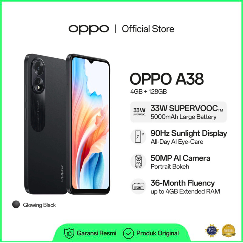 New OPPO A38 RAM4/125GB, Sunlight Display (5000mAh, 33W) SUPERVOOC 90Hz, Black Series & Gold Series