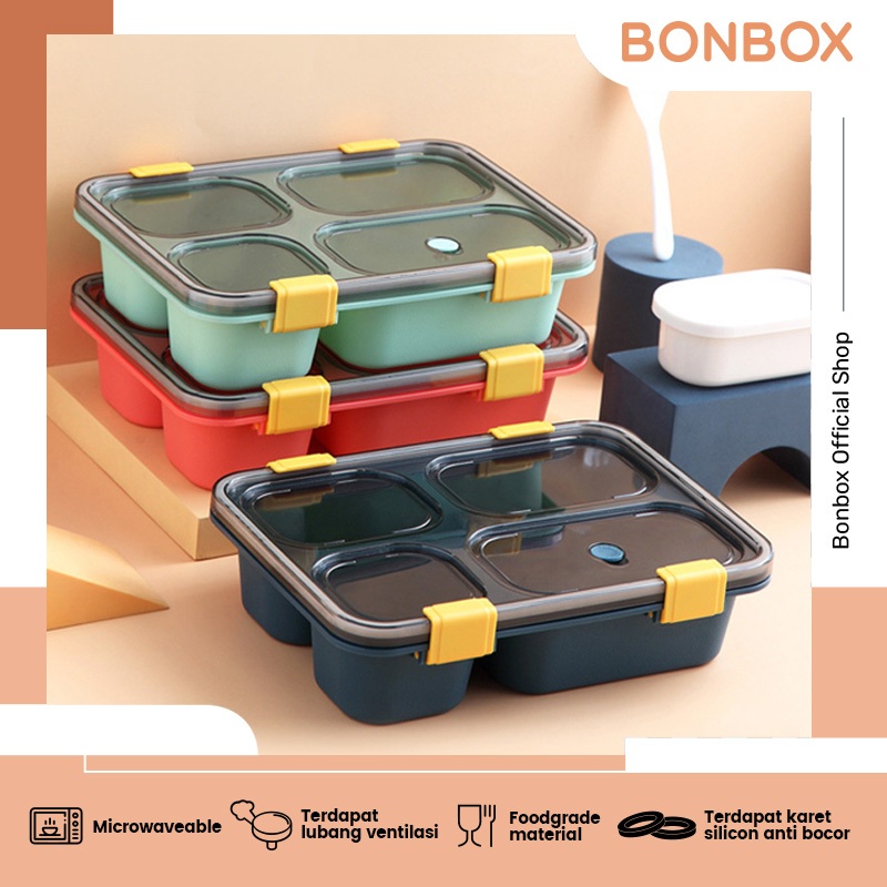 	 Kotak Makan 3 dan 4 Sekat Lunch Box Susun Microwaveable Food Grade Material Plastik dengan Alat Makan Microwaveable BTW30505	