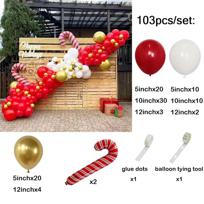 103pcs PAKET BALON CANDY CANE RED WHITE GOLD