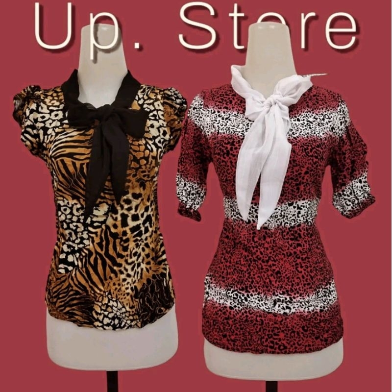 Baju wanita motif macan tutul kerah pita