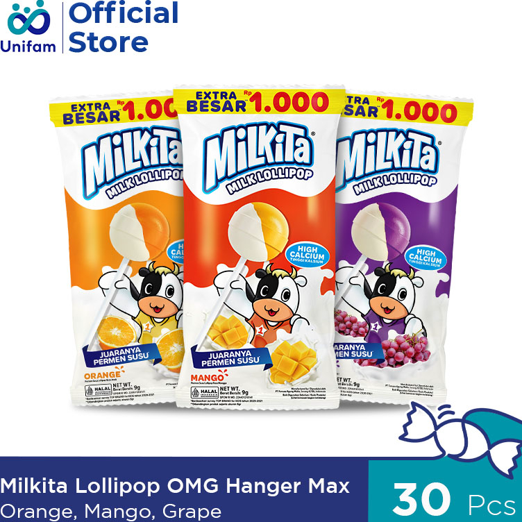 

Ready Stok Milkita Lollipop Hanger Max (1 Bag Isi 30pcs) - Permen Susu Lolipop Rasa Jeruk, Mangga, & Anggur (OMG)