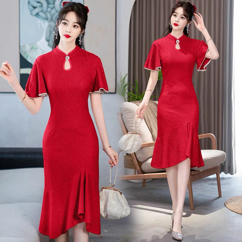Q08 Gaun Cheongsam Merah Qipao Merah Wedding Dress Terbaru