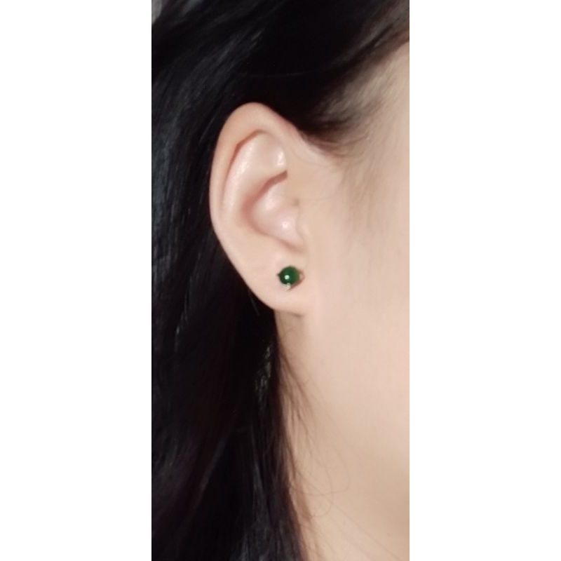 Anting Perak Giok Burma Icy Green Egg / Giwang Giok Burma bersertifikat
