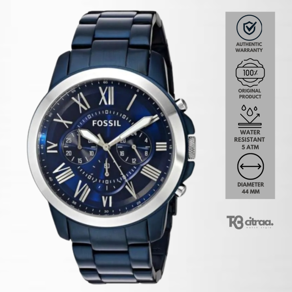 jam tangan fashion pria Fossil Grant analog strap rantai Chronograph Blue Tone Dial Stainless Steel luxury watch water resistant mewah original FS5230