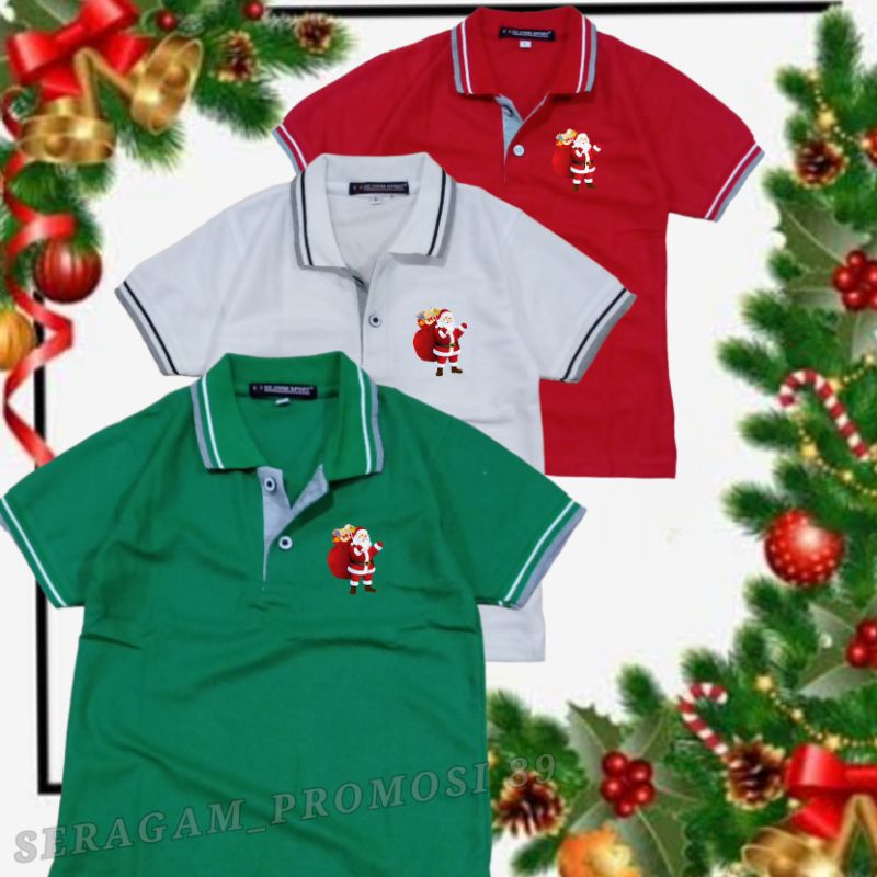 Baju Kaos Kerah Natal Santa Claus Anak Laki dan Perempuan usia 3th-11th / Kaos Seragam Natal Anak Se