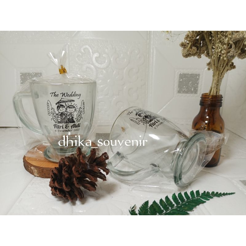 Souvenir Pernikahan Gelas Piala kemas plastik, Souvenir Gelas Gagang, Souvenir gelas kopi