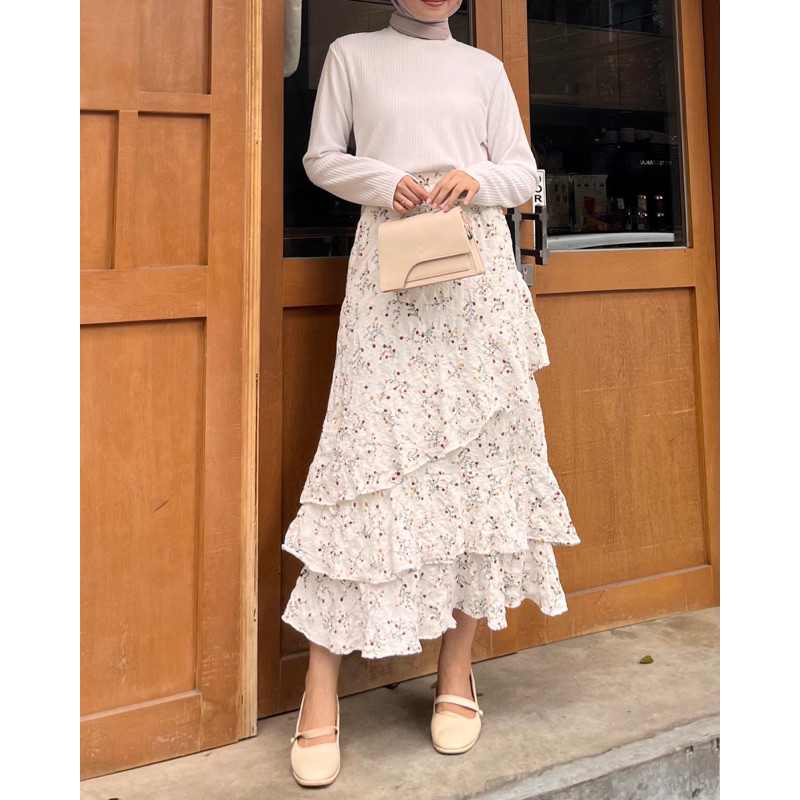	 Fwdaily - Monroe Skirt (Korean Skirt Midi - Rok Motif Cringkle - Floral Skirt)	