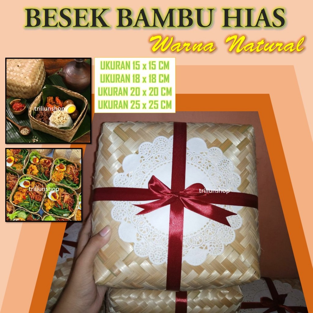 READY Besek Kotak Anyaman Bambu Hias Pita Sepasang Wadah Makanan | Keranjang Nasi Berkat Kekinian
