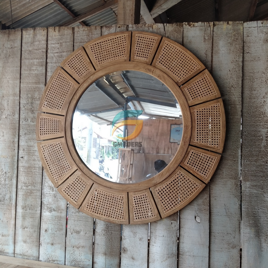 Cermin Jati Antik Bulat Kombinasi Rotan