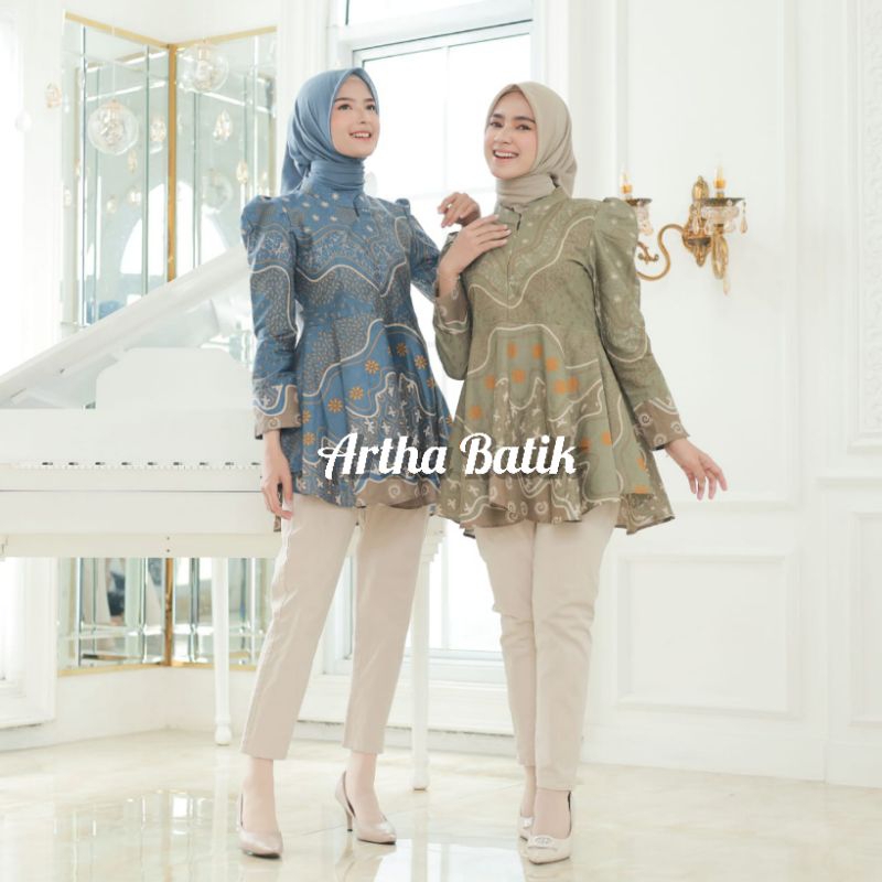 Batik Wanita Modern Atasan Batik Wanita Lengan Puffy Shoulders Model Peplum Payung