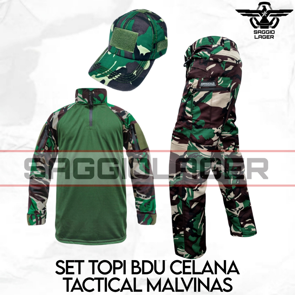 SATU SET SETELAN BAJU KAOS BDU TACTICAL TOPI CELANA TACTICAL PANJANG CARGO LORENG TNI MALVINAS