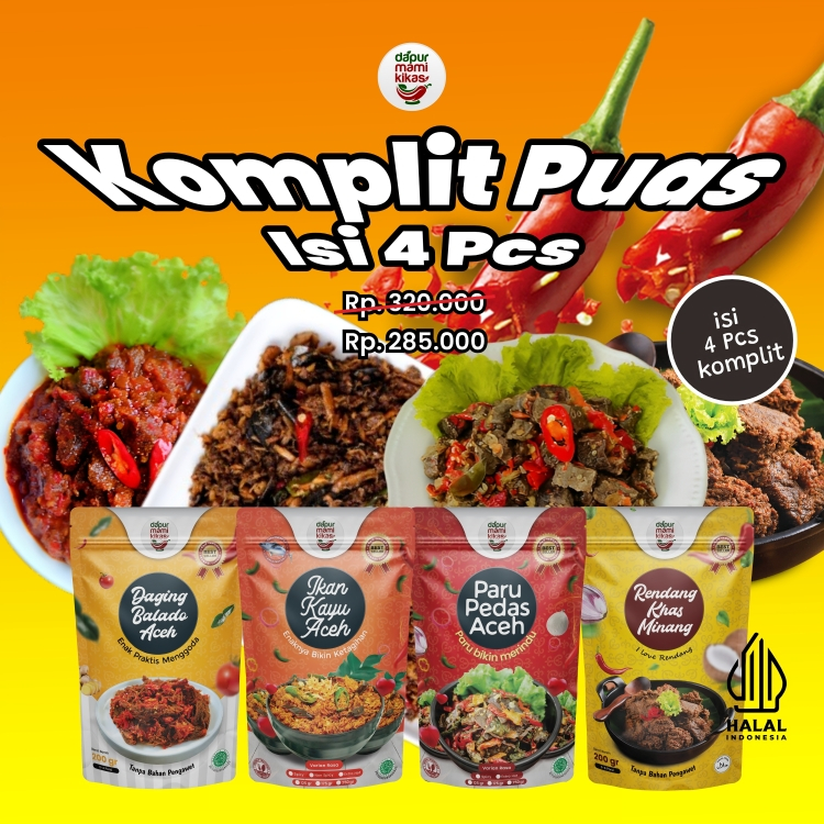 

Paket Komplit Lauk Makan Dapur Mami Kikas | Isi 4 Pcs | Paru pedas Aceh 250g, Ikan Kayu Aceh 250gr, Daging Balado 200gr dan Rendang Khas Minang 250gr | Makanan Siap Saji