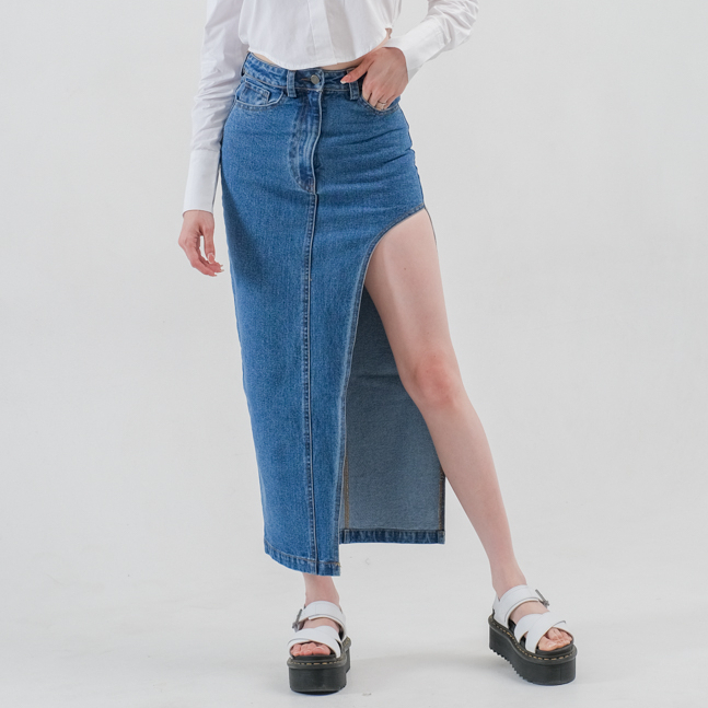 AMBRA - JEAN SLIT MAXI DENIM SKIRT | Rok Slit Jeans Panjang Wanita | Rok Wanita