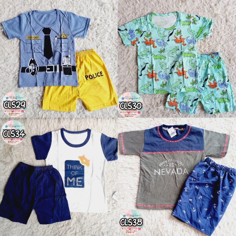 CL528 CL529 CL530 CL534 - import / lokal - baju anak cowok - Setelan police think me kaos dino varia