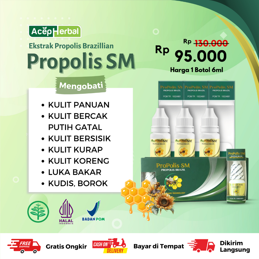 Obat Oles Panu, Kulit Panuan, Bercak Putih Gatal, Kulit Bersisik, Kulit Kurap, Kulit Koreng, Kulit Kudis, Kulit Borok, Luka Bakar Dengan Propolis SM Brazil