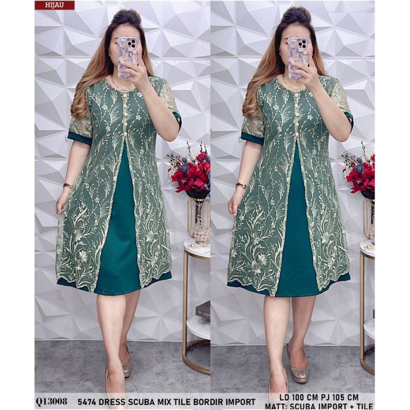 PARTICA DRESS SCUBA PREMIUM MIX TILE BORDIR GAUN PARTY NATAL SIDI BAPTIS GEREJA QQ 54744