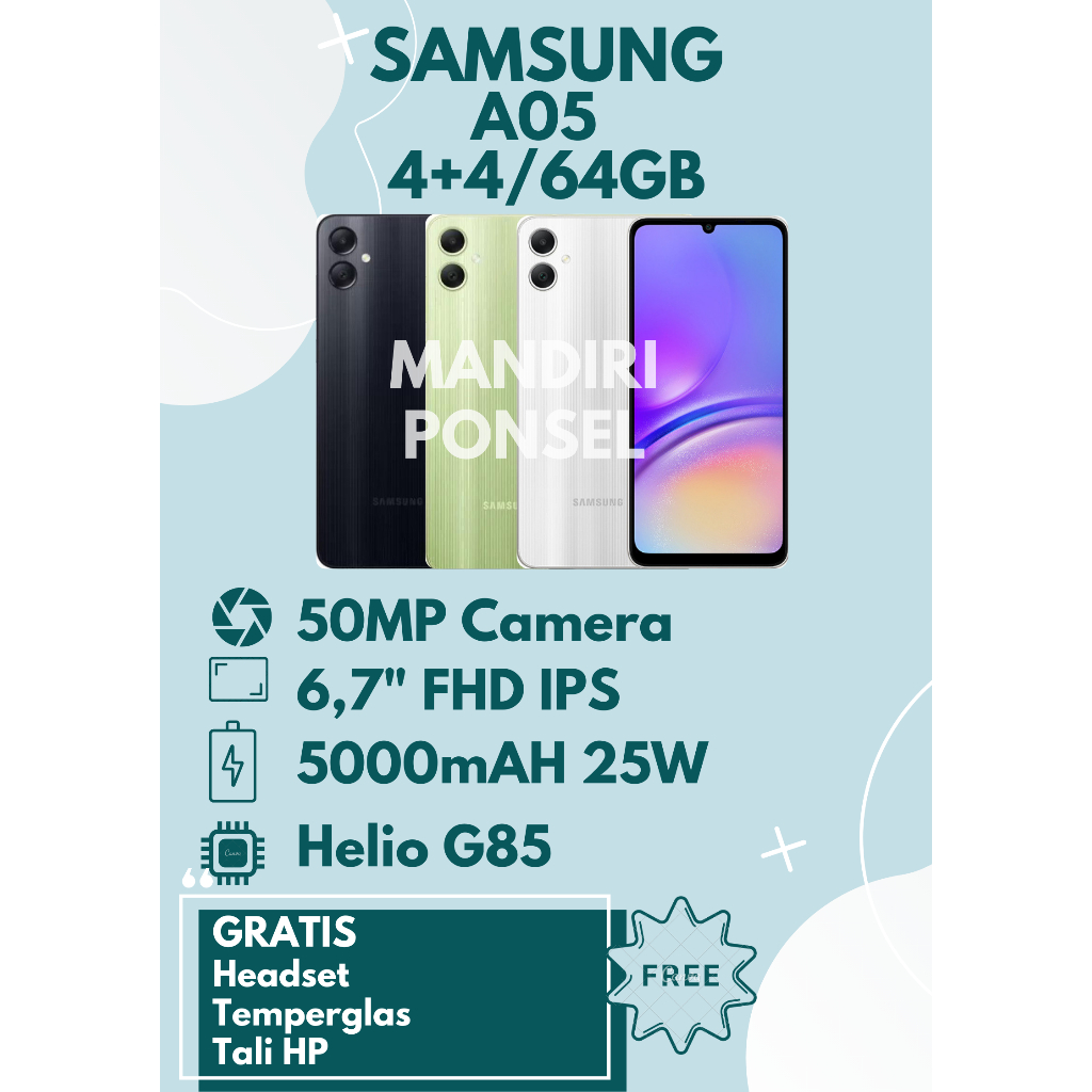 SAMSUNG A05 RAM 8 (4+4 EXTEND/64GB) GRATIS HEADSET, TEMPERGLAS dan TALI HP