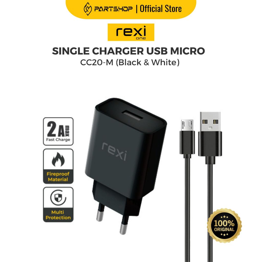 Rexi CC20-M / CC2O-Ms Single USB Fast Charging 2A Travel Charger dengan Kabel Micro
