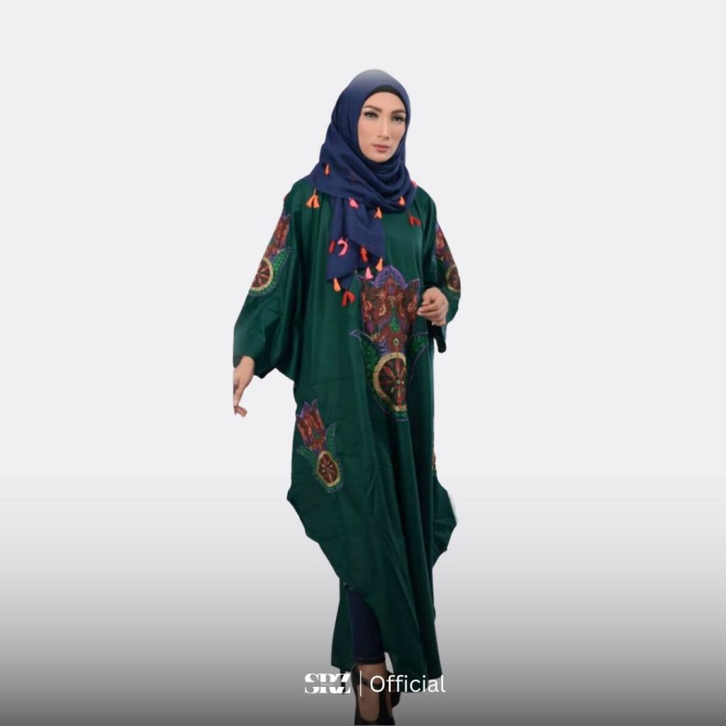 SARAZA Akar Kaftan - Long Dress Abaya Green Majestic Batwing Wanita Kaftan Kondangan Lengan Kalong
