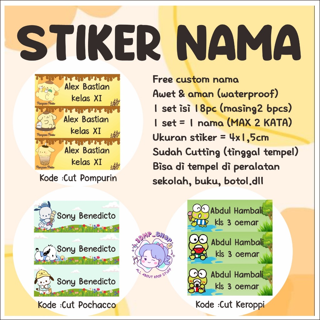 

Stiker label nama custom request buku botol cutting anak perempuan pompurin pochacco sanrio keropi