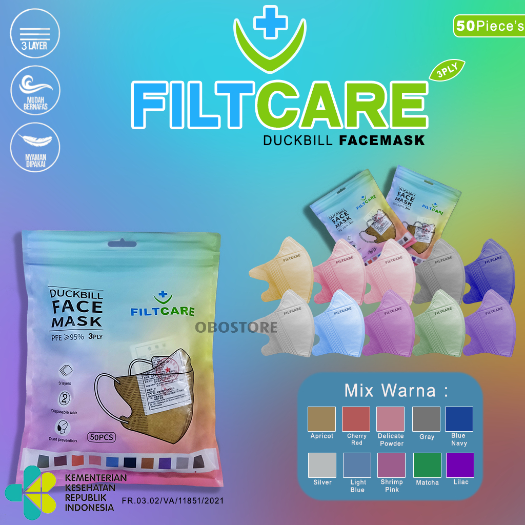 Masker Duckbill Filtcare 3ply 50 pcs Mix 10 Warna
