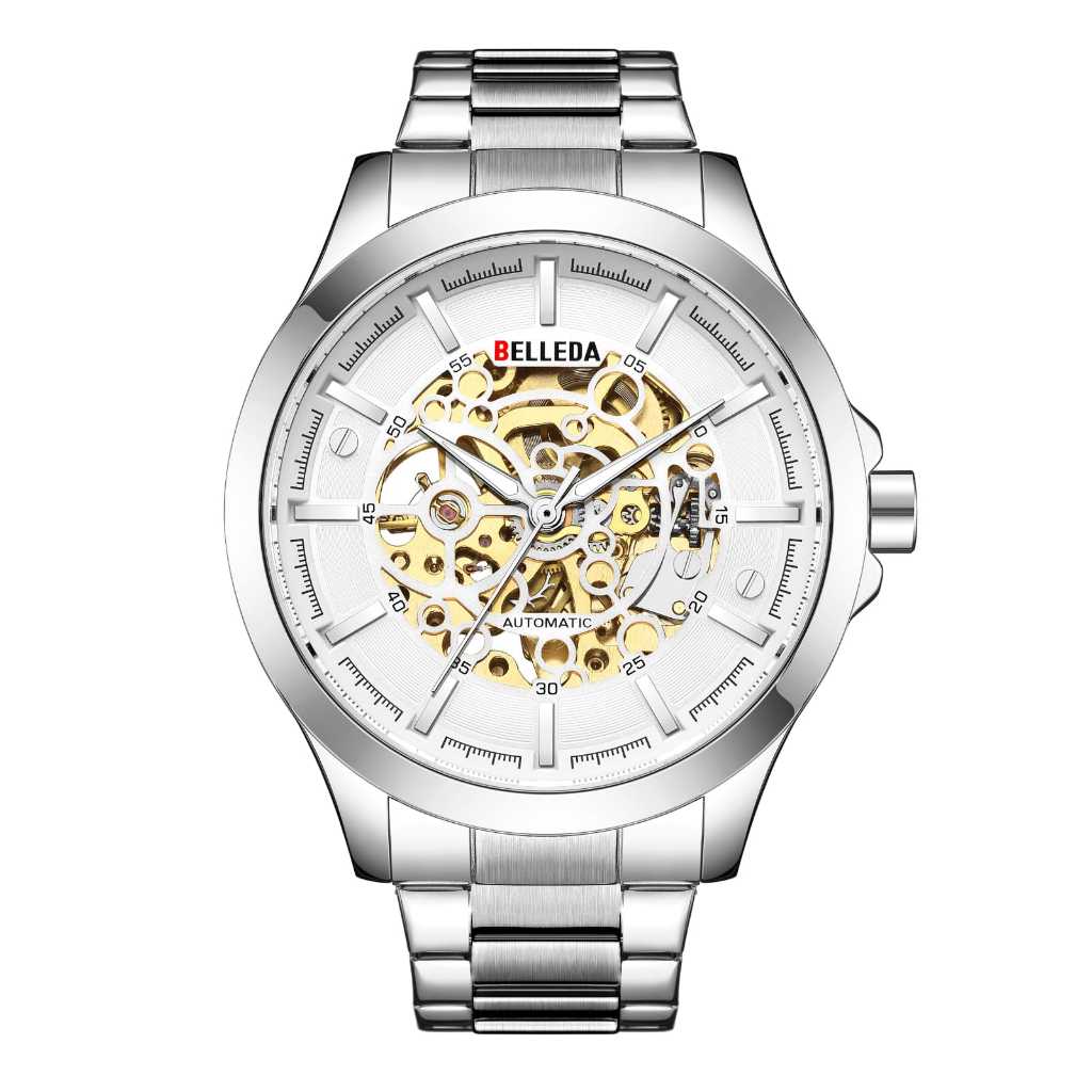 BELLEDA JAM TANGAN PRIA B 9394 TALI RANTAI STAINLES STEEL MESIN OTOMATIS ANTI AIR