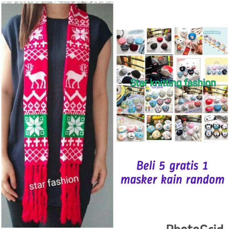 syal syall shawl scraf natal christmas motif rusa rajut