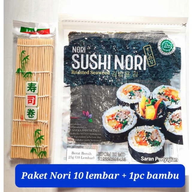 

Ready Paket Nori sushi 10 lembar + bambu sushi dan nori isi 5 + bamboo sushi Sushimat halal driedseaweed rumput laut seaweed Laris
