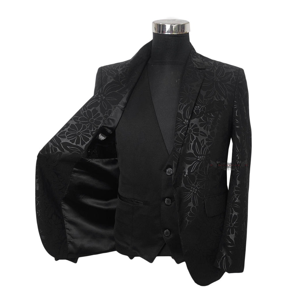 official jas batik blazer batik pria hitam slimfit modern embos motif bunga gorgoraz