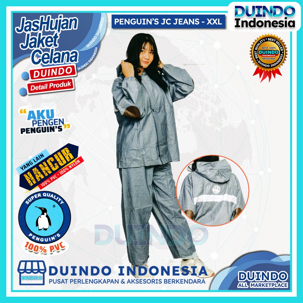 Duindo - Jas Hujan Penguin's Jeans XXL Pria Wanita Jaket Celana Mantel Pinguin