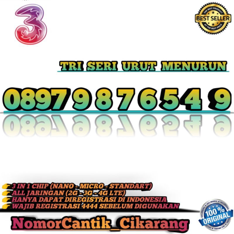 NOMOR CANTIK TRI 11 DIGIT / NOMOR CANTIK TRI SERI URUT 987654 / NOMOR CANTIK TRI SERI RIBUAN SUPER 9