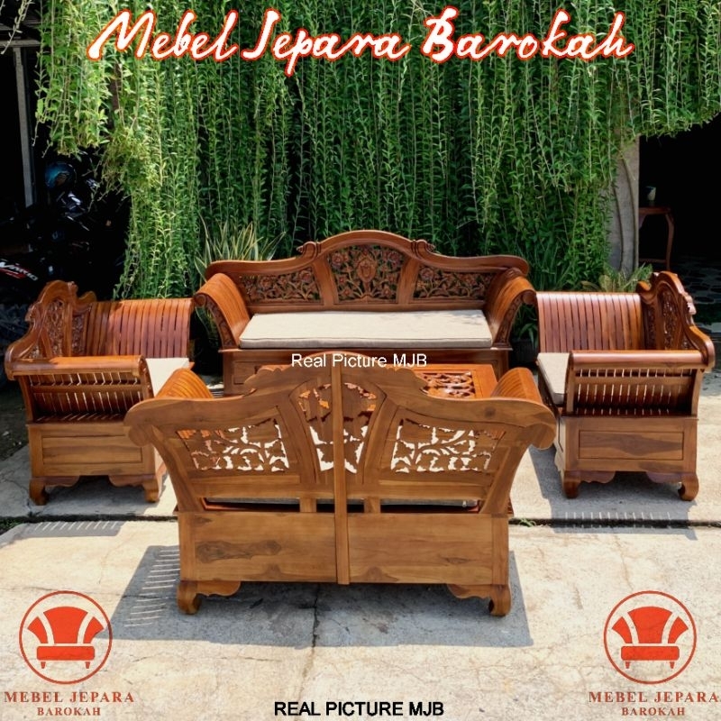 Set Meja dan Kursi Tamu Madura Keong Kayu Jati Ukir Minimalis Set Meja Kursi Santai Keluarga Bale - 