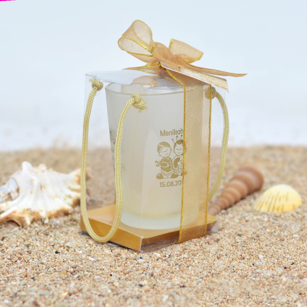 SOUVENIR GELAS KACA CUSTOM SABLON KEMAS MIKA | SOUVENIR NIKAH GELAS KOPI | SOUVENIR PERNIKAHAN GELAS