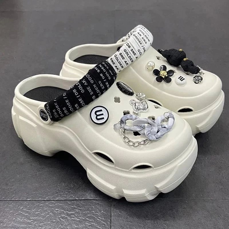 [AURELIO] - Sandal Baim Wanita Wedges  Tali Lilit Jibbitz Boneka Rante Silver Tinggi 8 Cm