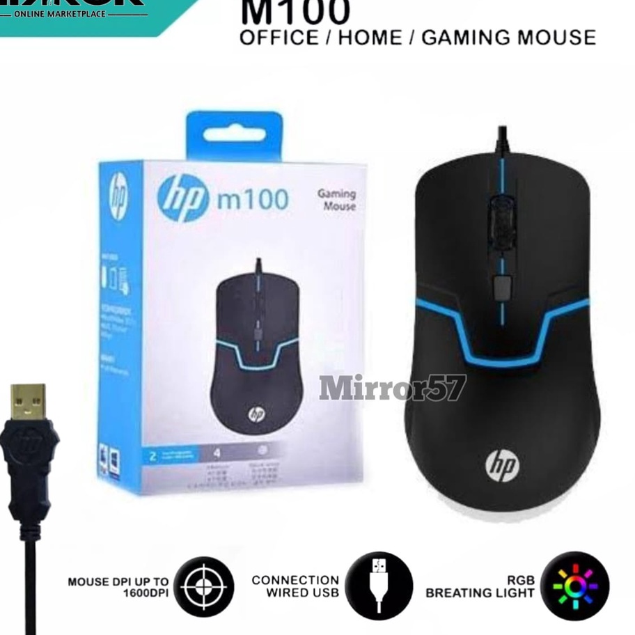 Stok Baru Mouse Gaming HP M100 Mouse Colors LED 1600DPI USB Cable 165 cm Di Laptop PC Komputer.
