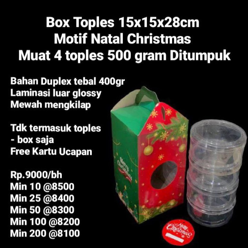 

Box Toples 15x15x28cm Motif Natal Christmas Muat 4 toples 500gram Ditumpuk